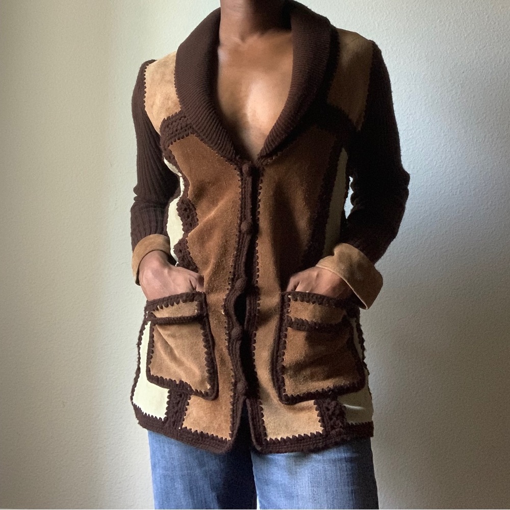 Patchwork Style Brown Cardigan Sweater - Rochelle… - image 1